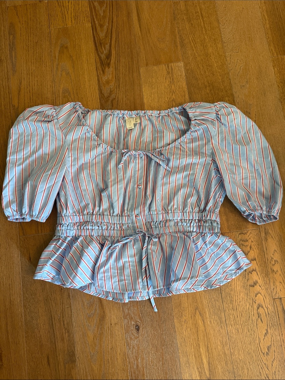 Joie Light Blue Striped Puff Sleeve Peplum Blouse
